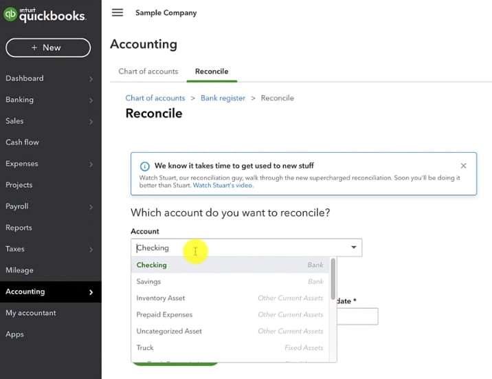 QuickBooks Accounts Reconcile